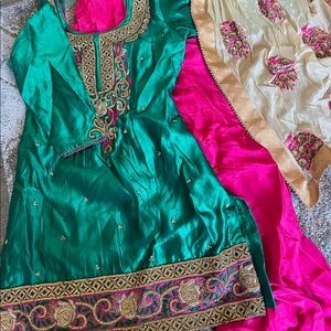Patiala suit - peacock green top - hot pink patiala salwar. Beige dupatta
